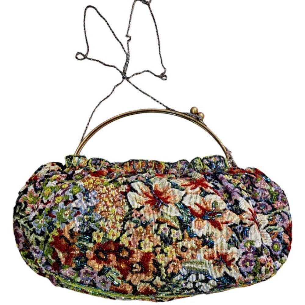 Women's Vintage Tapestry Beaded Floral Multi Color Bag Purse Kiss Lock